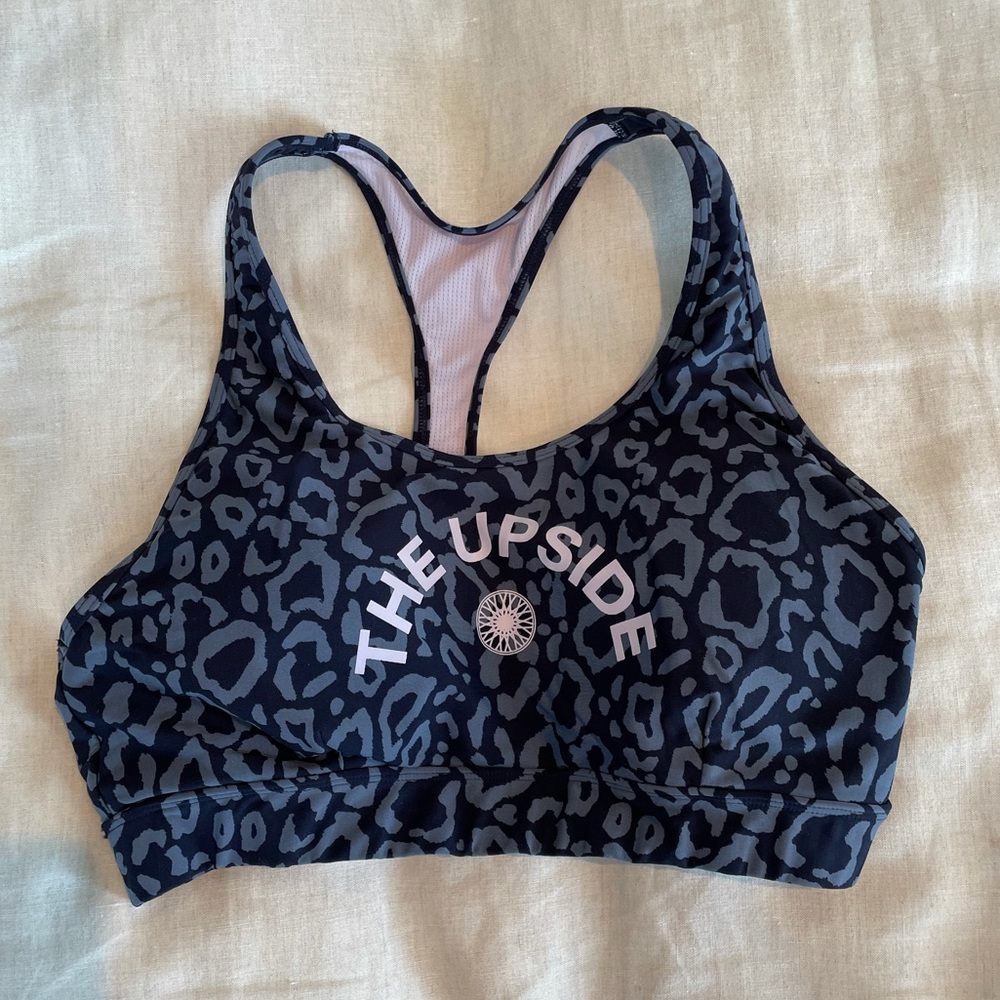 THE UPSIDE X SOULCYCLE blue leopard sports bra